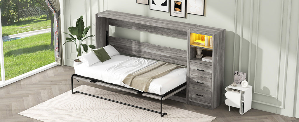 Twin Size Murphy Bed with Drawers and LED Light, can be Folded into a Cabinet, Gray
