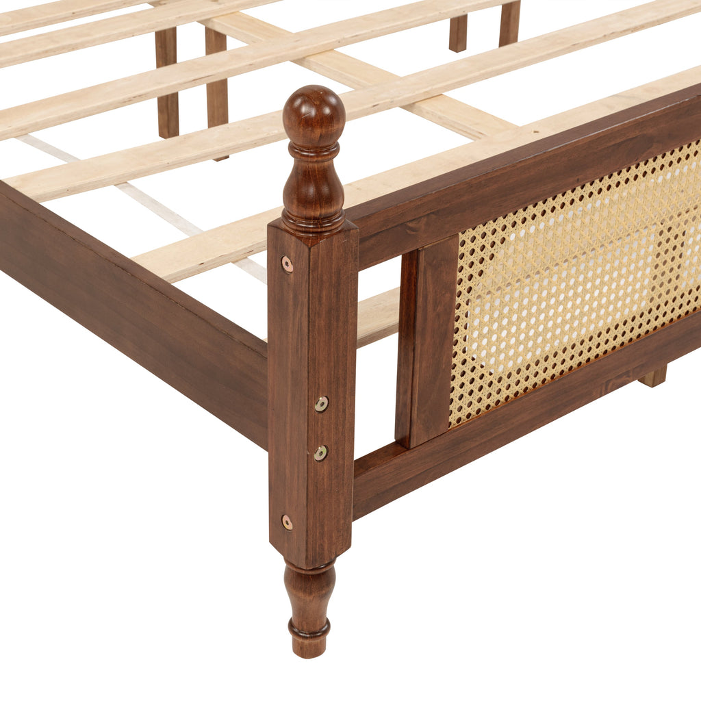King Pine wooden Bed with Rattan Headboard  and Footboard, with  Central Enhanced Bed Platform,Walnut