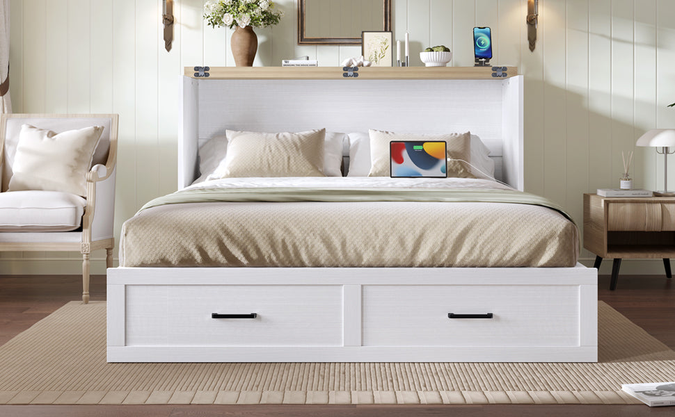 Murphy Bed Cabinet Queen Size with Charging Station, Multi-Functional Foldable Platform Bed with 1 Large Storage Drawer for Guest Room, Small Bedroom, White