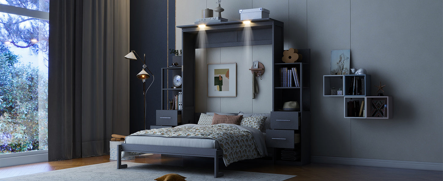 Queen Size Murphy Bed Wall Bed with Shelves, Drawers and Lights,Gray(OLD SKU:LP000566AAE-1)