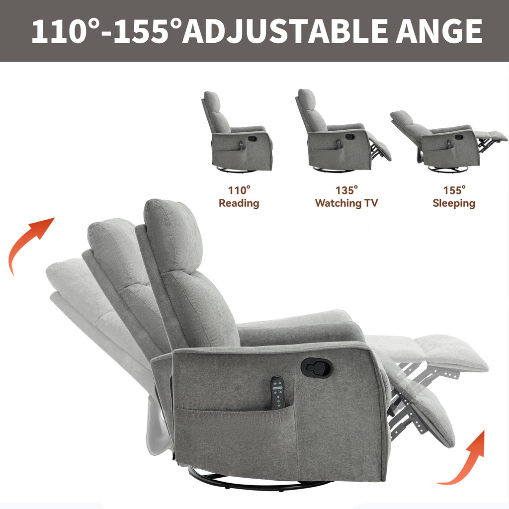 Heat Massage Manual Recliner Chair with Rocker and Swivel in Fabric for Living Room, Light Grey