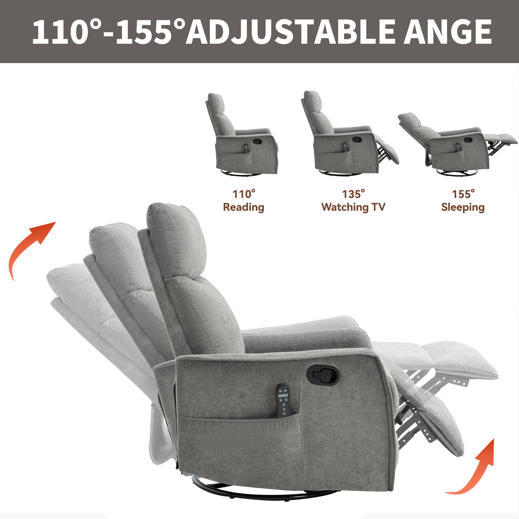 Heat Massage Manual Recliner Chair with Rocker and Swivel in Fabric for Living Room, Light Grey
