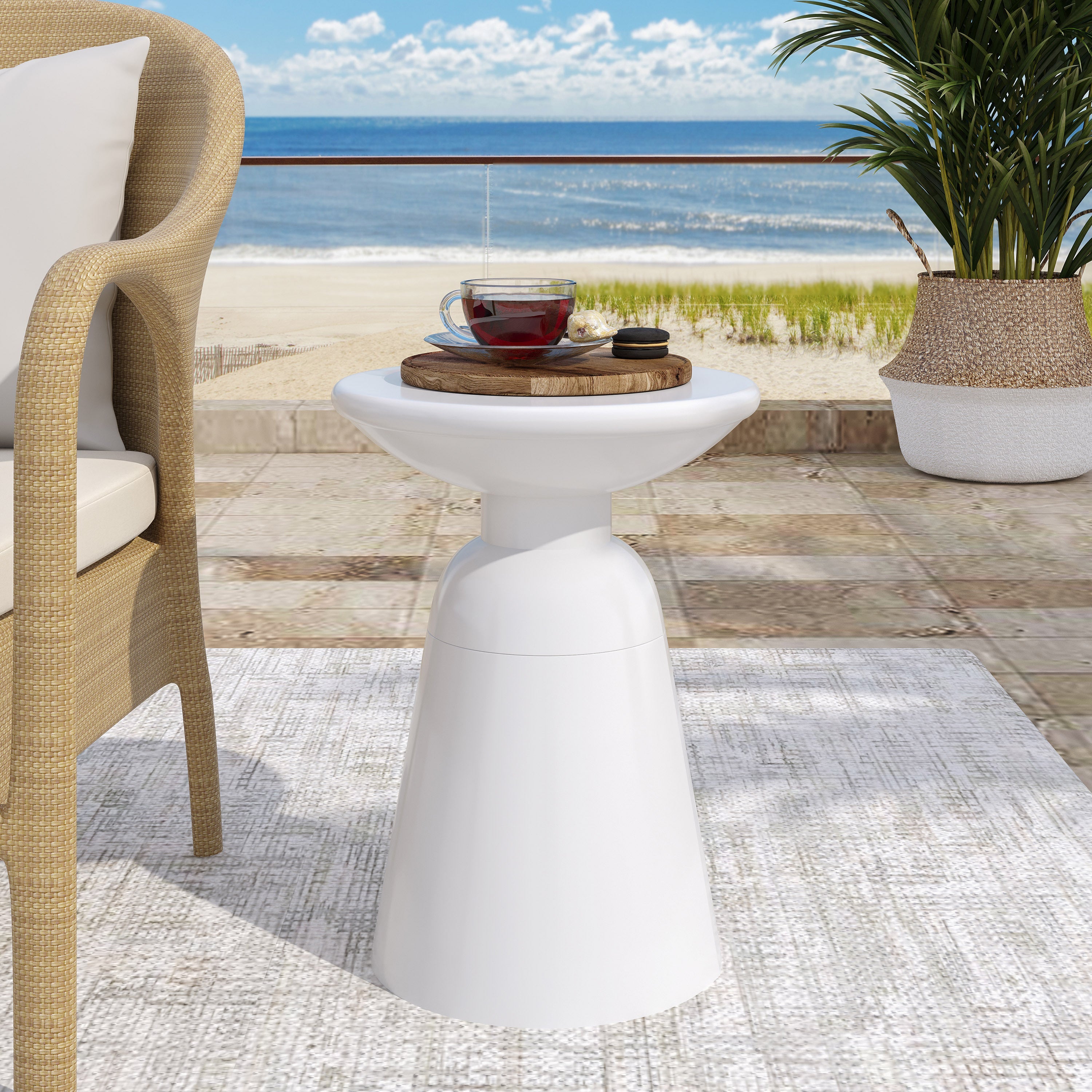 Modern Outdoor Metal End Table with Pedestal Design in White, Iron, 15 x 15 x 20.75 Inches