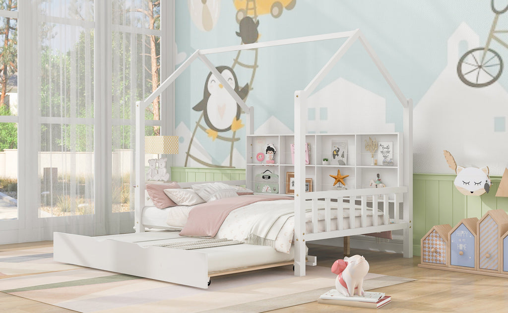 Wooden Full Size House Bed with Trundle,Kids Bed with Shelf, White (Old SKU: WF297070AAK)