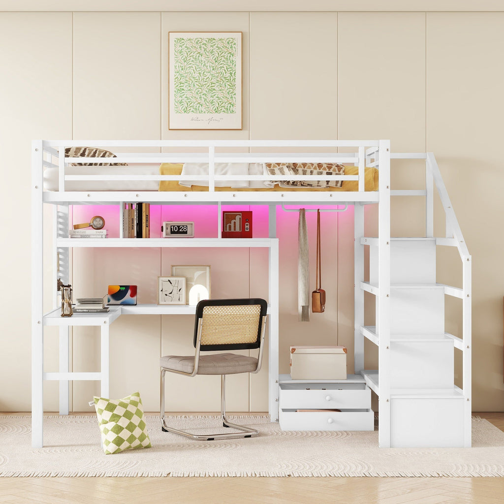 Full Size Loft Bed with LED Light & Charge Station, Metal Loft Bed with Desk and Staircase, Loft bed with Wardrobe for Kids, White (Expect Arrival Date 2025/4/30)