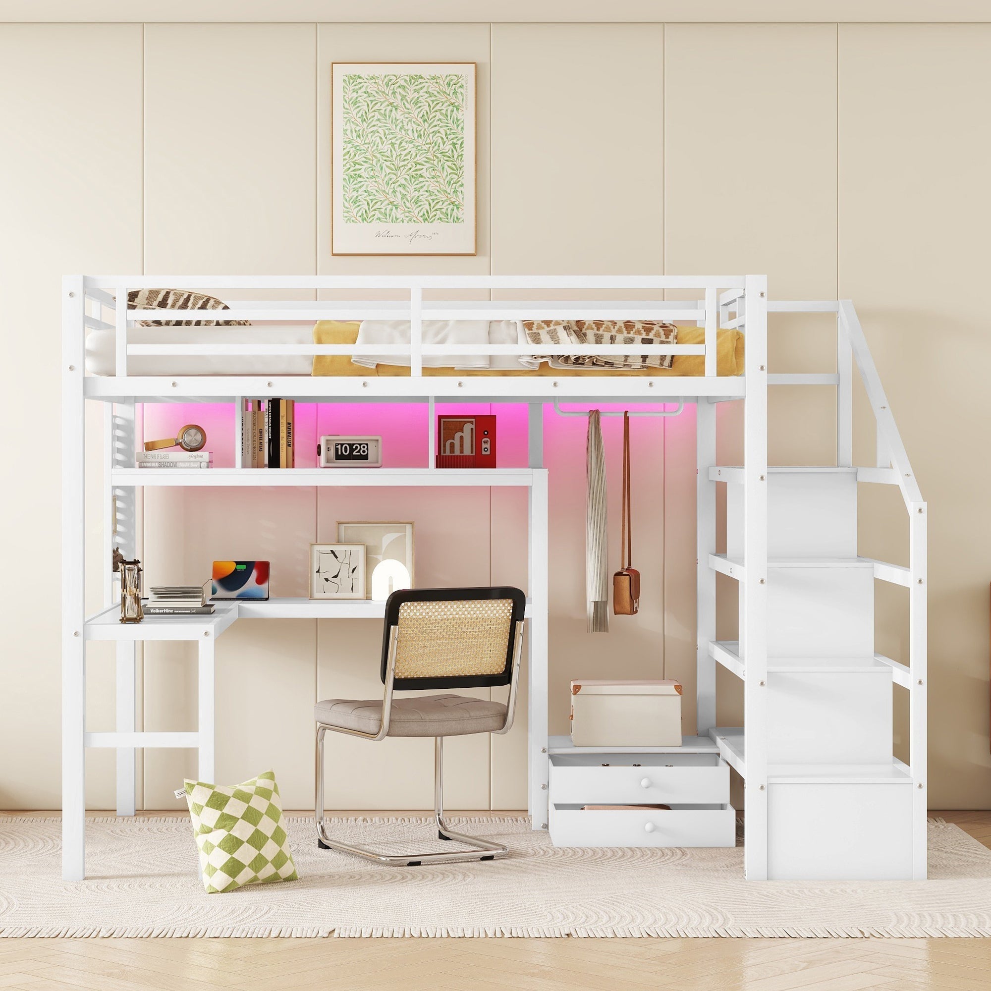 Full Size Loft Bed with LED Light & Charge Station, Metal Loft Bed with Desk and Staircase, Loft bed with Wardrobe for Kids, White (Expect Arrival Date 2025/4/30)