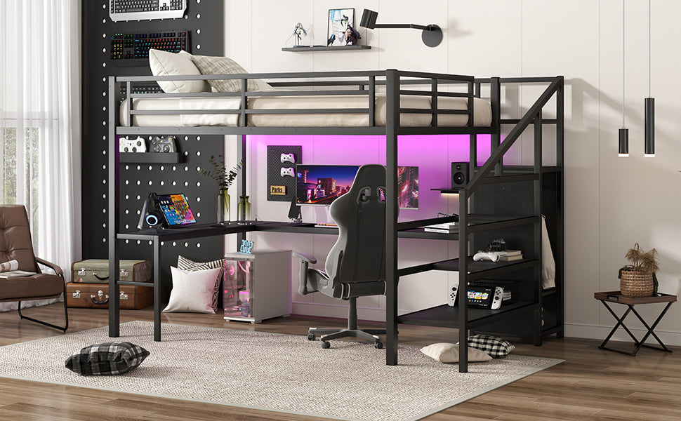 Queen Size Loft Bed with L-shaped Desk and USB, Metal Loft Bed with Wardrobe and Adjustable Shelf, High Loft Bed with LED for Kids Teens Adults, Black