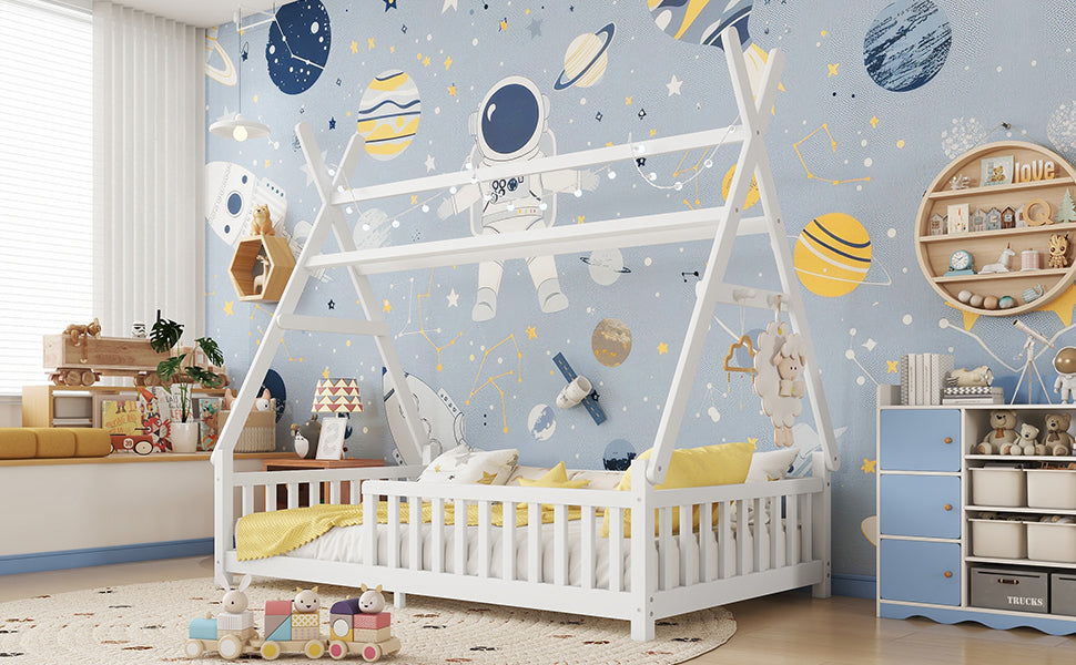 Twin House Bed with Light, Low Floor House Bed with Fence and Roof for Kids Boys Girls,White(Expect arrive date 2025/7/20)