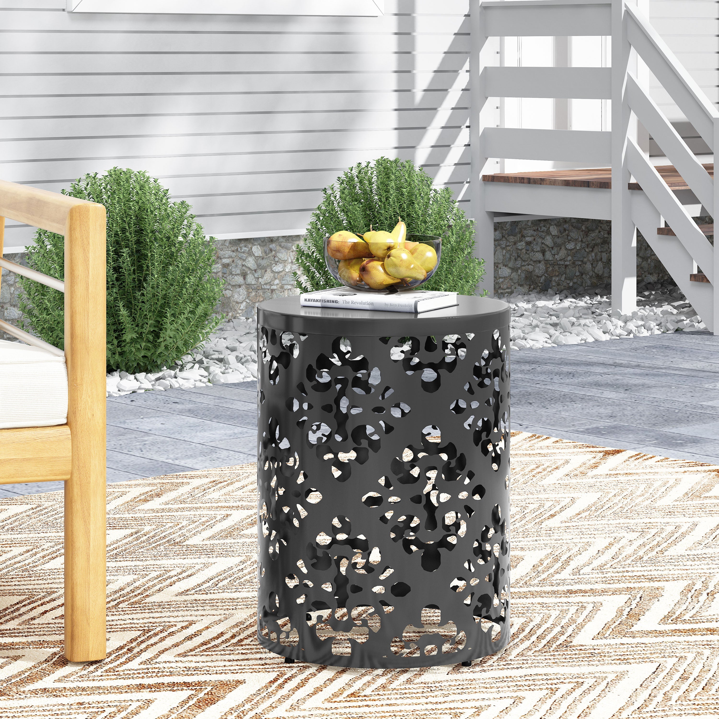 Modern Cylindrical Outdoor Metal End Table with Floral Iron Cut Design, Black, 13.78 x 13.78 x 17.91 inches