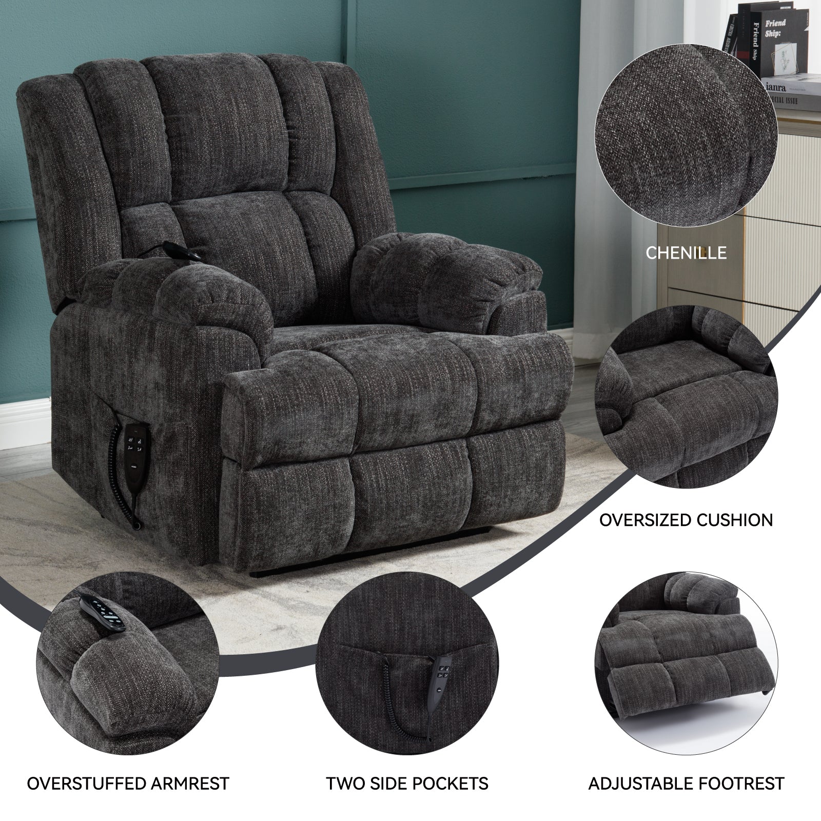 Dual Motor Heat Massage Infinite Position Up to 350 LBS Electric Power Lift Recliners with Power-Remote, Medium-firm and Heavy Duty, Grey