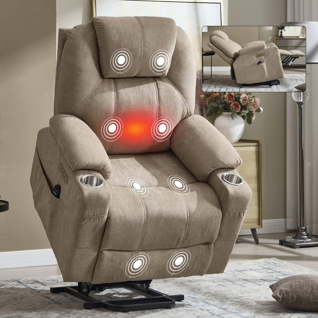 Up to 350 LBS polyester Power Lift Recliner Chair, Heavy Duty Motion Mechanism with 8-Point Vibration Massage and Lumbar Heating, USB and Type-C Ports, Stainless Steel Cup Holders, Khaki