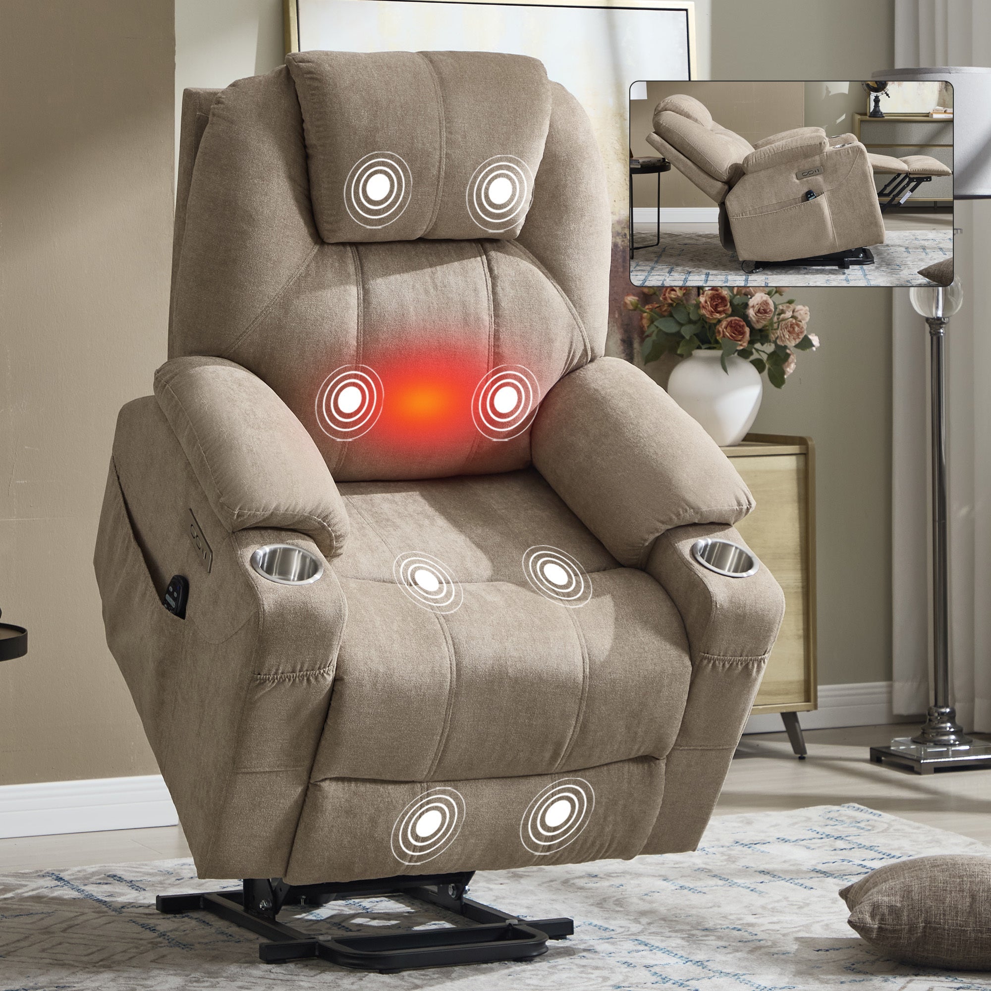 Up to 350 LBS polyester Power Lift Recliner Chair, Heavy Duty Motion Mechanism with 8-Point Vibration Massage and Lumbar Heating, USB and Type-C Ports, Stainless Steel Cup Holders, Khaki