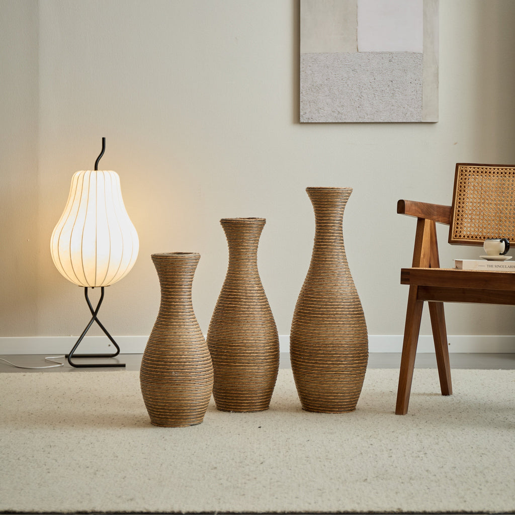 3-Piece Artificial Rattan Floor Vase Set – Decorative Accent for Living Room, Hallway & Entryway, Ideal for Dried or Silk Flower Arrangements, Beige