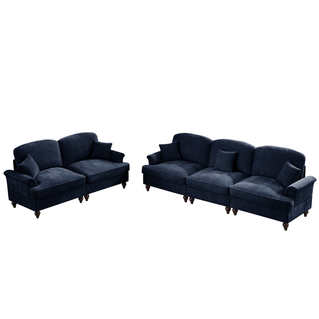 Classic 2 Piece Modular Couch Living Room Sofa Set with Flared Arms and Removable Ruffles Pleats Skirts and Spindle Legs, 3 Seater Sofa + 2-Seat Loveseat Sofa Sets for Living Room, Blue