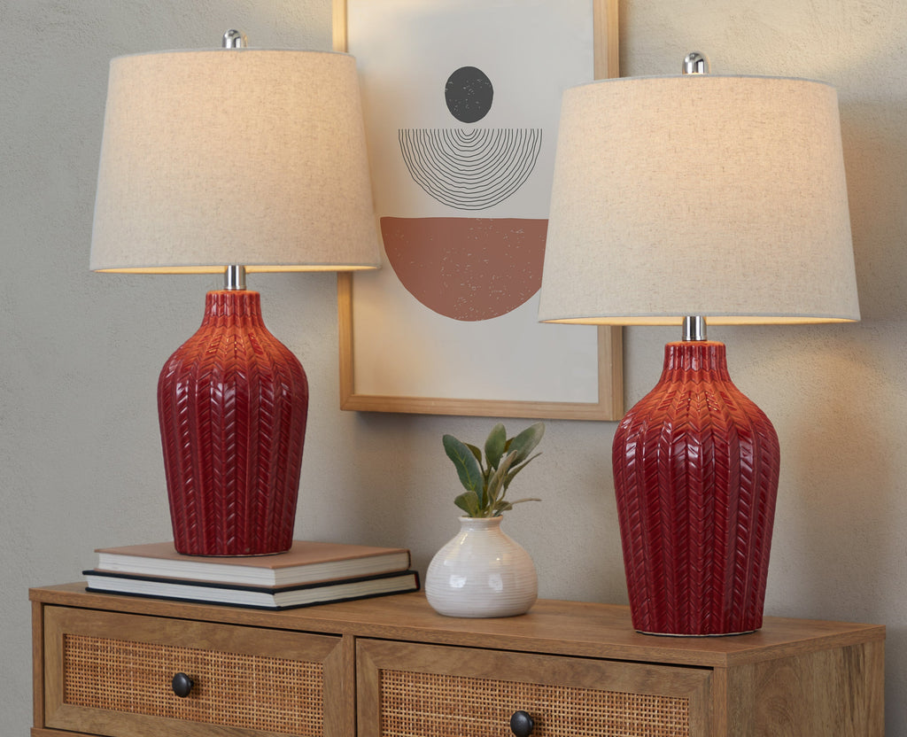 Rockwell 23' Contemporary Ceramic Table Lamp in Glossy Brick Red Ceramic, Polished Nickel and Natural Linen Shade from Grandview Gallery by LumiSource - Set of 2