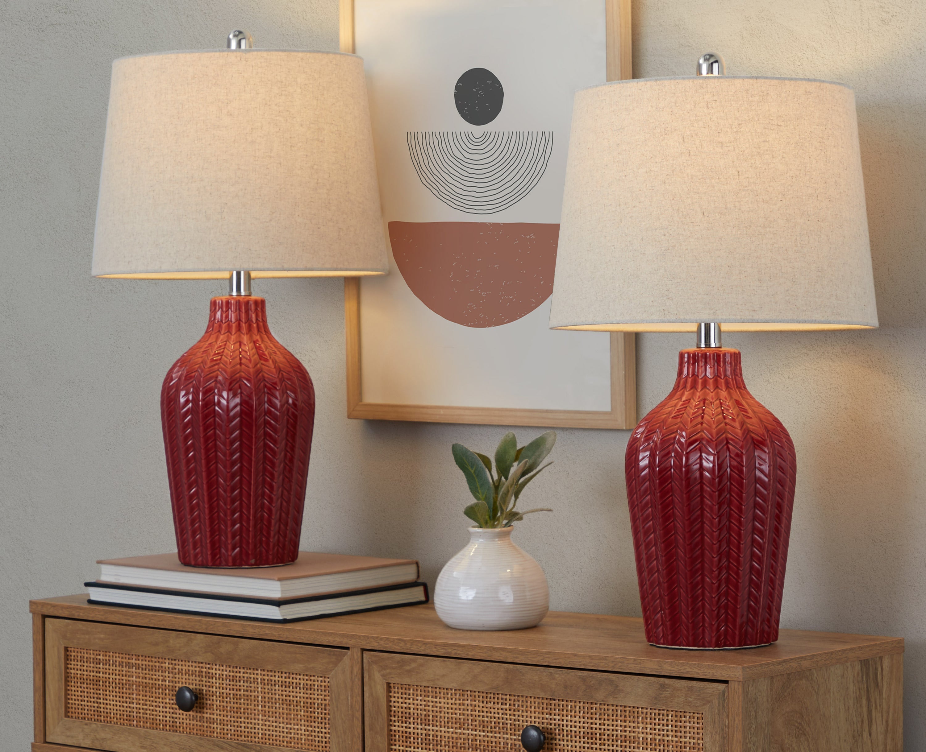 Rockwell 23' Contemporary Ceramic Table Lamp in Glossy Brick Red Ceramic, Polished Nickel and Natural Linen Shade from Grandview Gallery by LumiSource - Set of 2