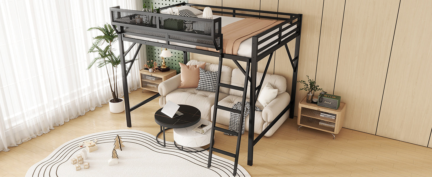 Full Size Loft Bed with Ladder, Metal Full Loft Bed with Storage Shelves, High Loft Bed for Kids Teens, Black(Expect Arrival Date 2025/11/26, Old SKU W2580P353531)