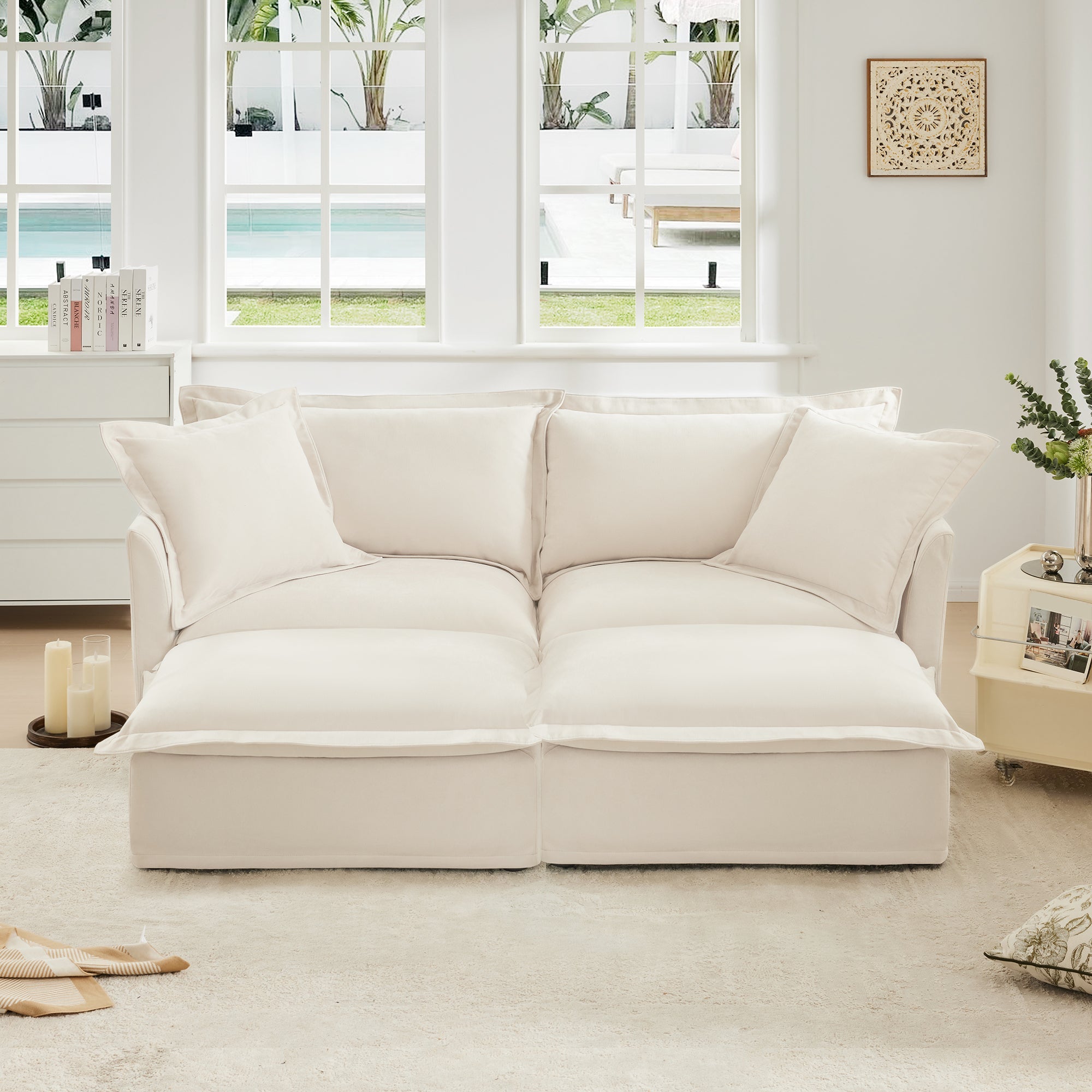 Slipcovered Sofa 2 Seater Sofa    With 2 Ottomans, 2 Seater Sleeper Sofa Bed Home Theater Oversized Sofa For Living Room, Chenille, Cream