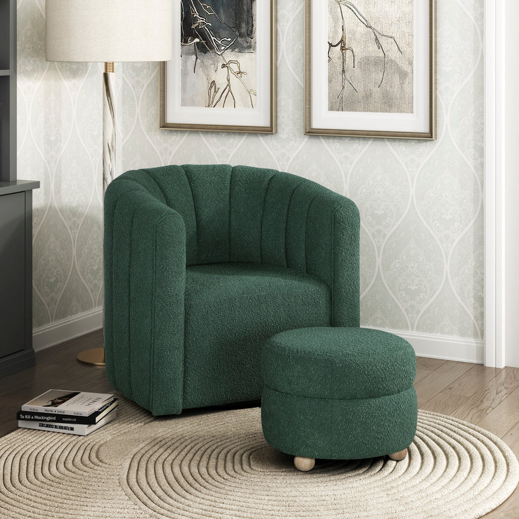 Modern Contemporary Swivel Chair with Ottoman Green Boucle Fabric Upholstery Solid Wood Living Room Furniture