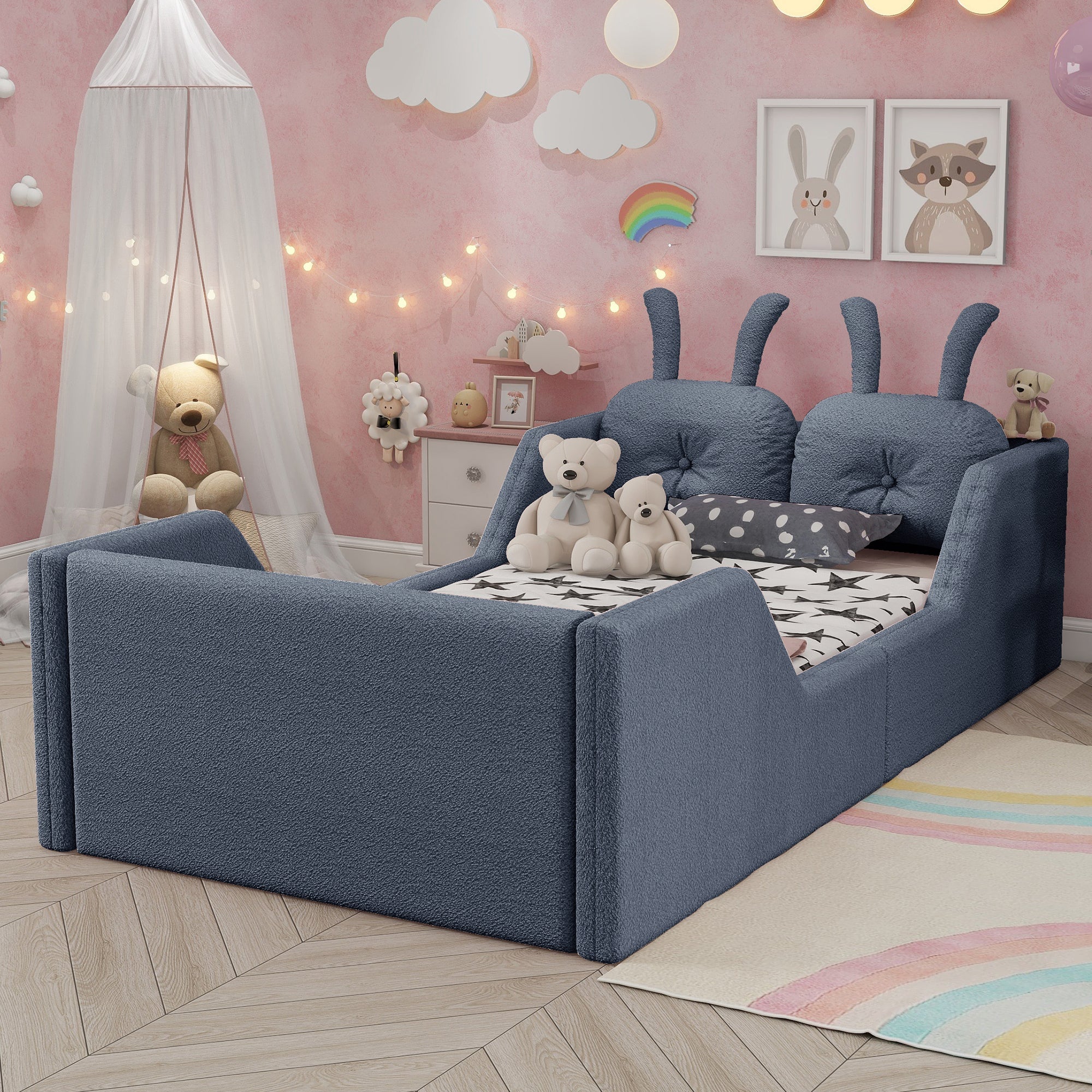 Twin Size Upholstered Platform Bed with Rabbit Cushion, Kids Floor Upholstered Bed with Removable Side Rails, Gray(Expect Arrival Date 2025/1/15)