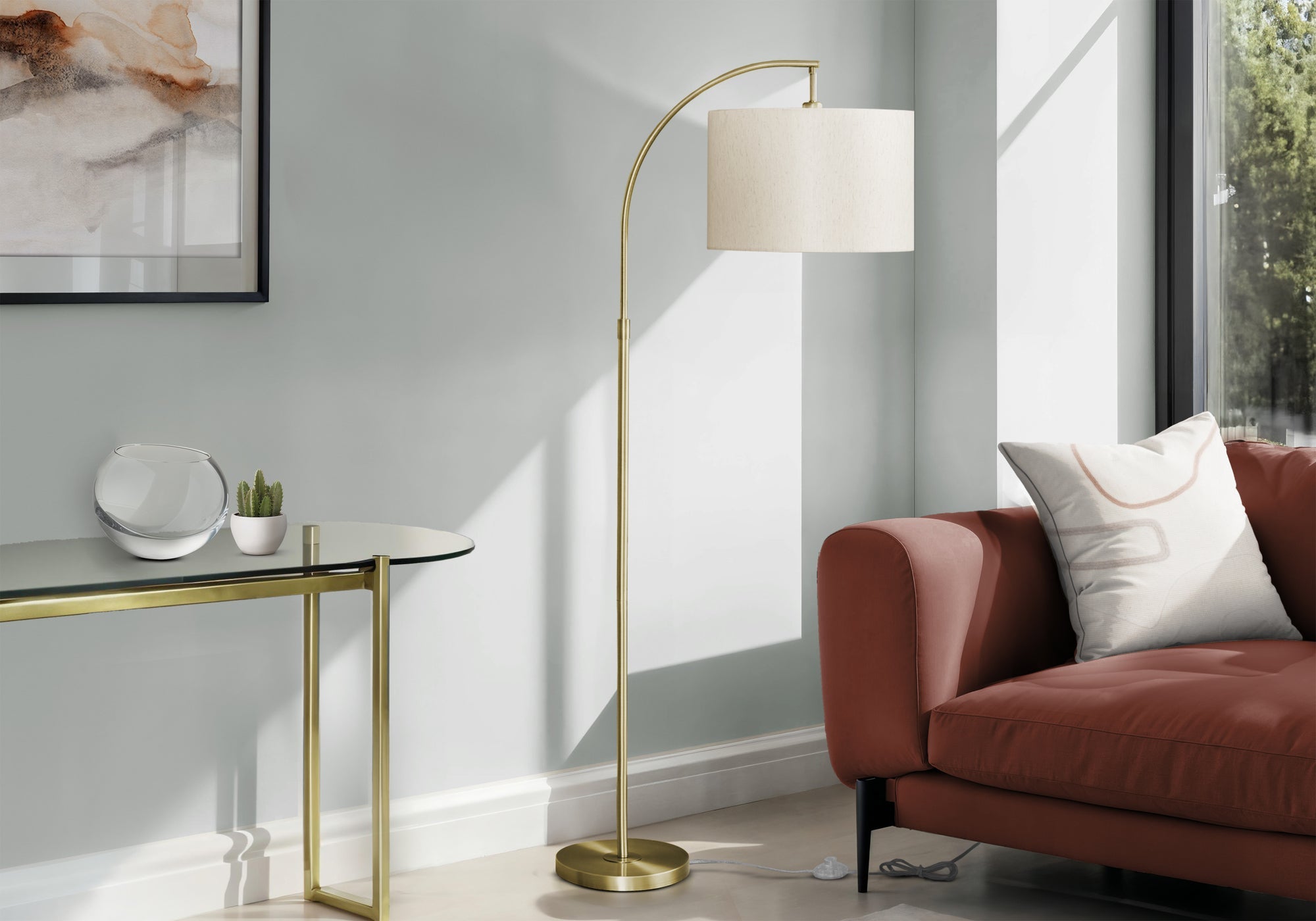 Lighting, 65'h, Floor Lamp, Brass Metal, Ivory / Cream Shade, Contemporary