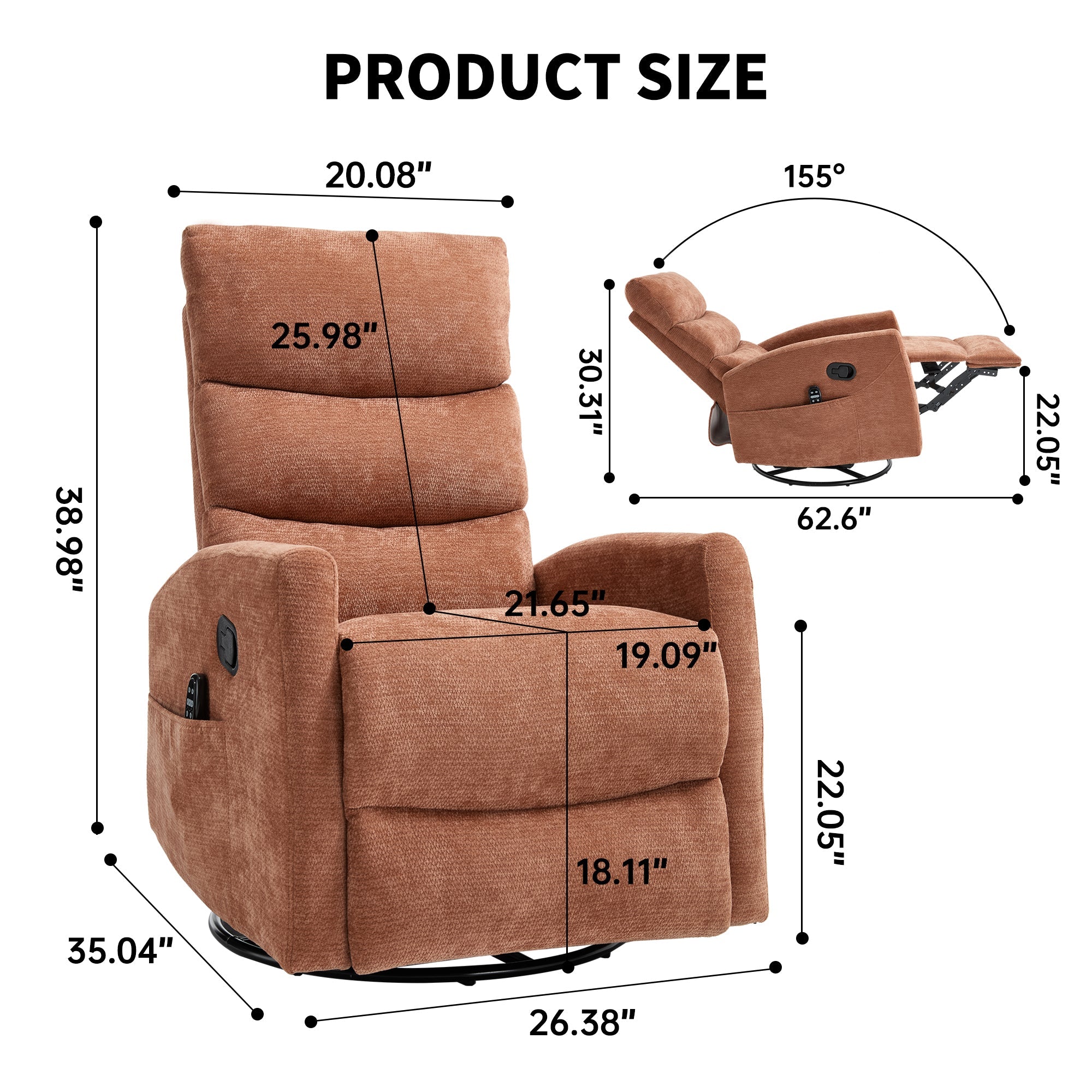 Heat Massage Manual Recliner Chair with Rocker and Swivel in Fabric for Living Room, Orange