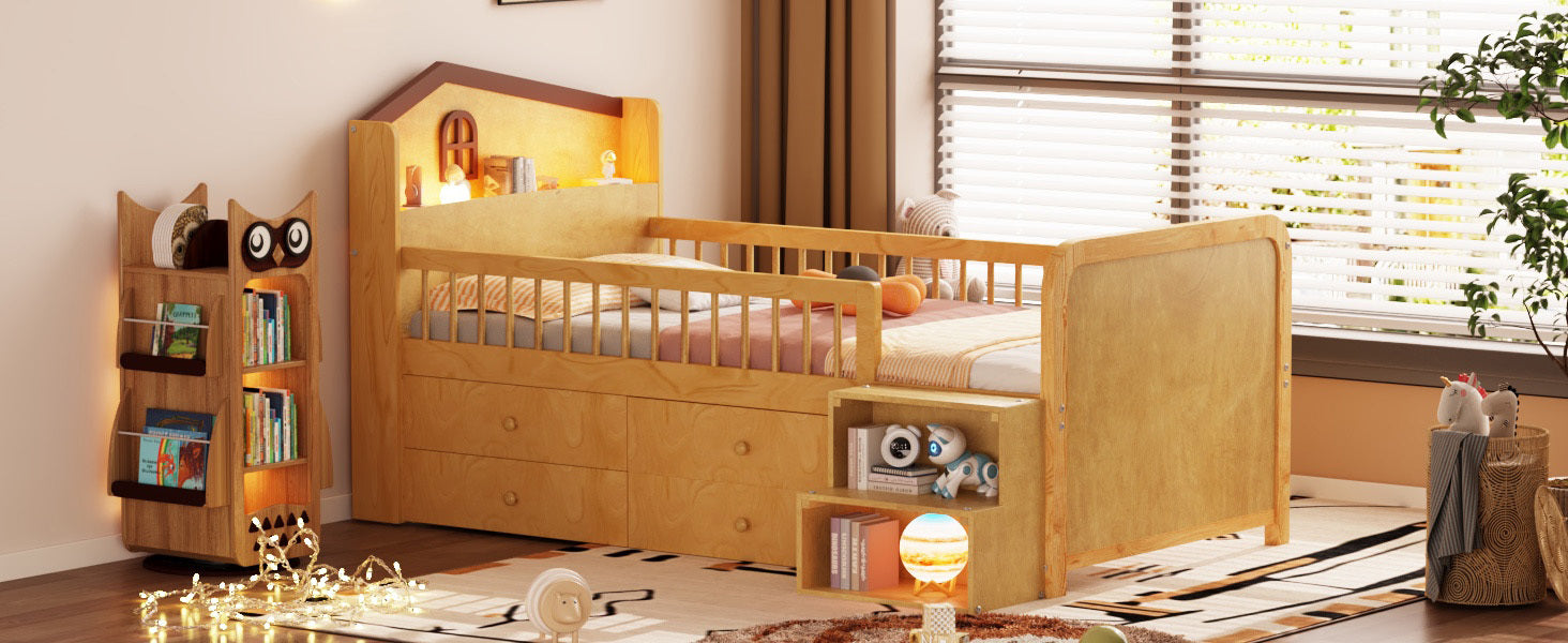 Low Loft Bed with LED Lights, Wooden Twin Loft Bed with House Shape Headboard, Kids Loft Bed with Storage Drawers, Natural (Expect Arrival Date 2025/1/20)