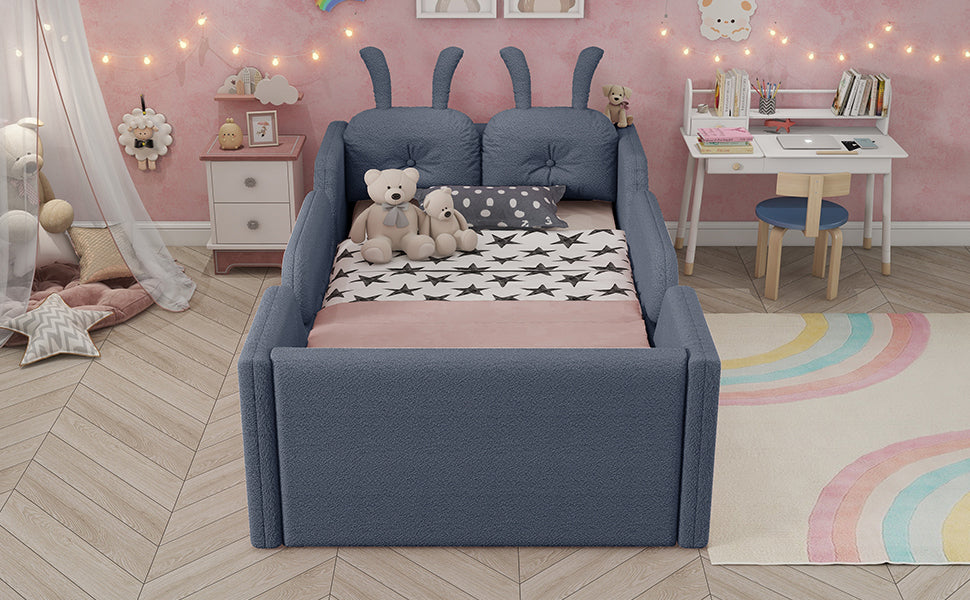 Twin Size Upholstered Platform Bed with Rabbit Cushion, Kids Floor Upholstered Bed with Removable Side Rails, Gray(Expect Arrival Date 2025/1/15)