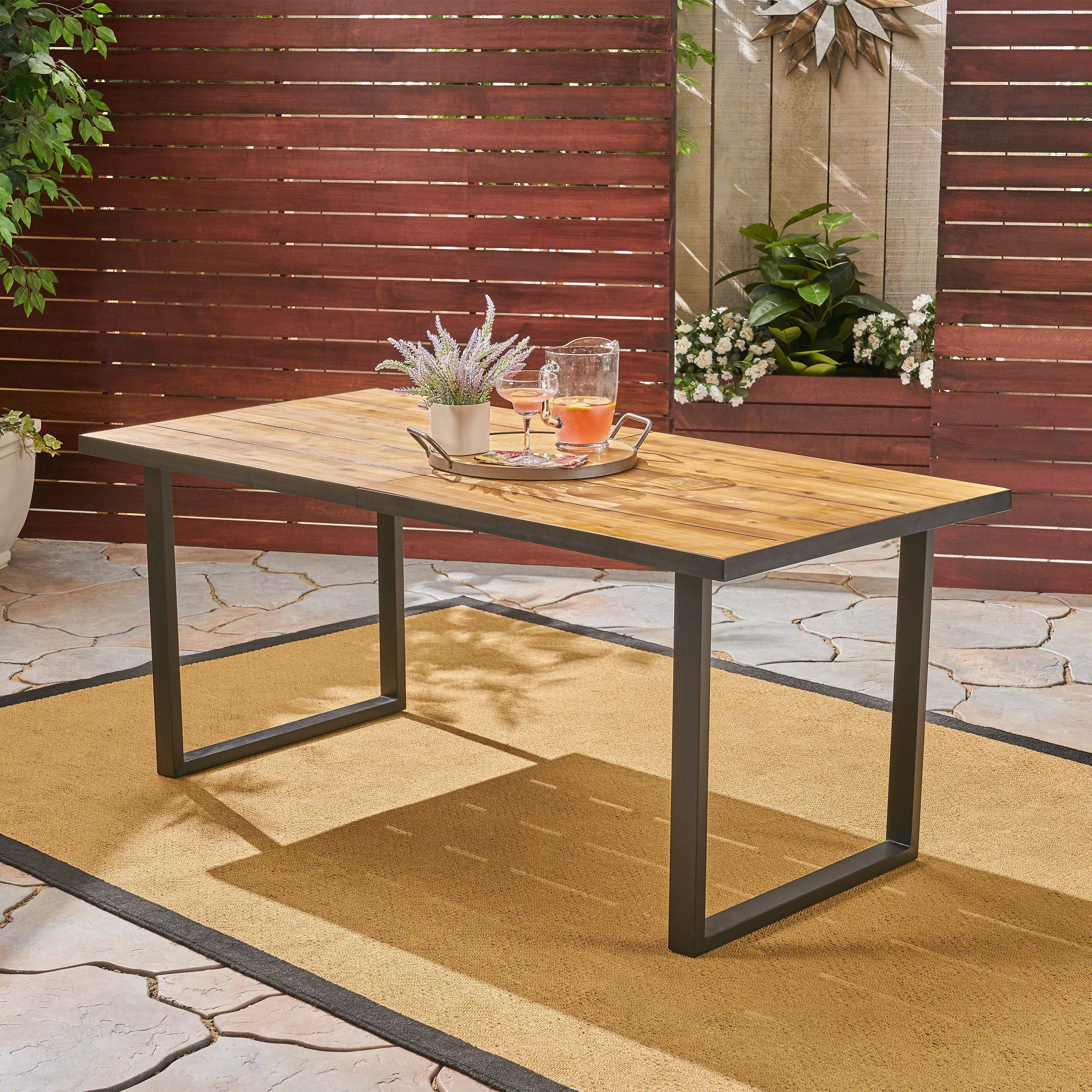 Outdoor Dining Table with U Shape Legs and Slat Top Table, Teak