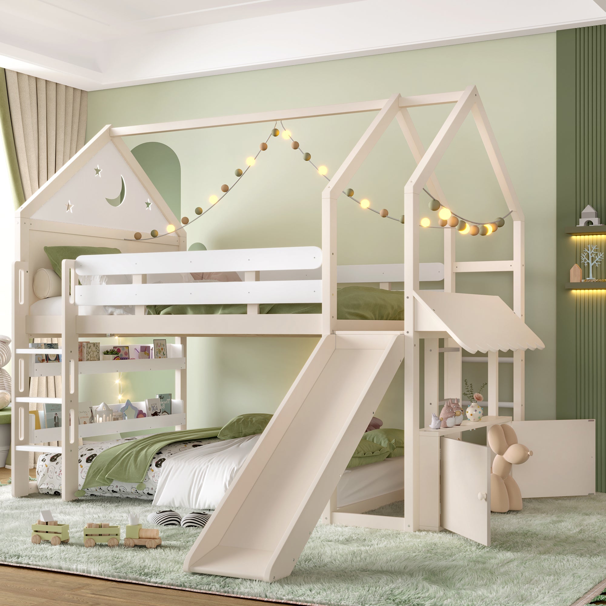 Full Size Loft Bed with Bookshelf Playful Design for Kids House-Shaped Structure with Slide High-Quality Safety Rails,Beige