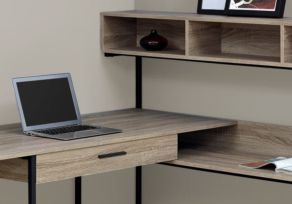 Computer Desk, Home Office, Corner, Storage Drawers, L Shape, Work, Laptop, Brown Laminate, Black Metal, Contemporary, Modern