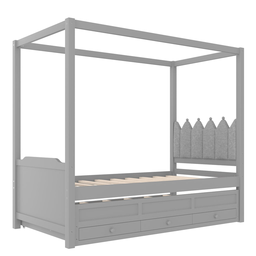 Twin Platform Bed with Upholstered Headboard,Twin Size Trundle and 3 Drawers,Princess Canopy Bed Frame for Kids,Storage & Easy Assembly,Gray