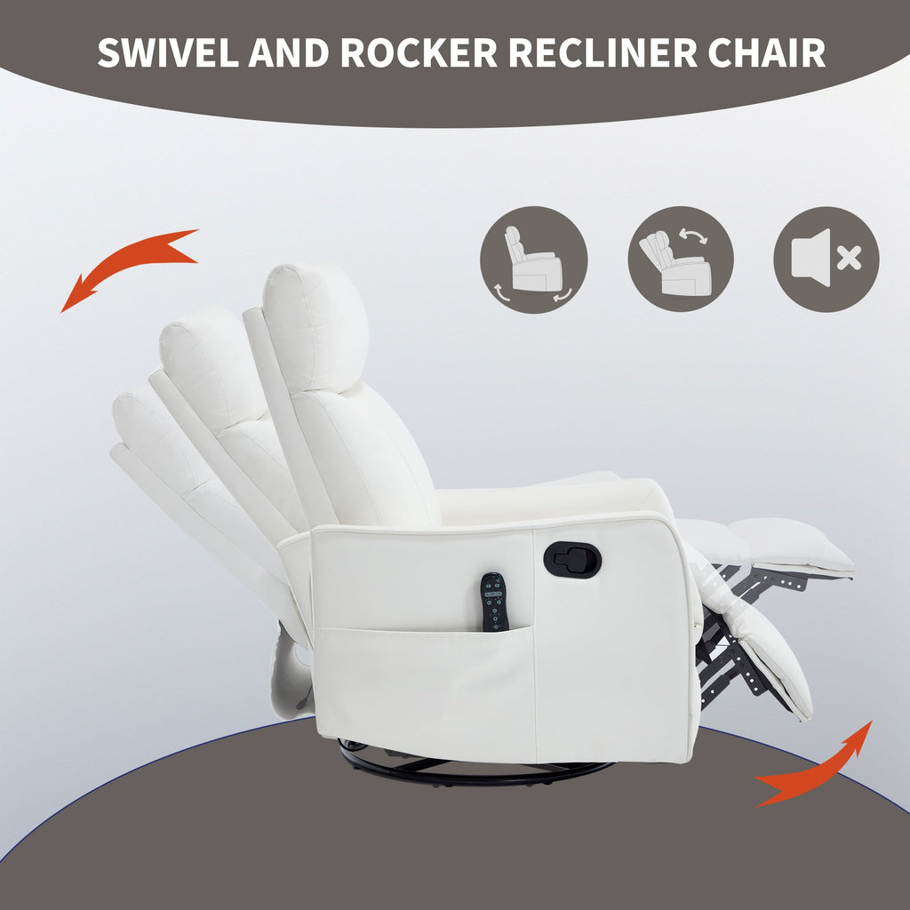 White Heat Massage Manual Recliner Chair with Rocker and Swivel in Faux Leather for Living Room