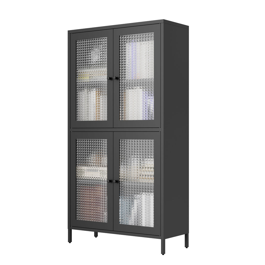 Classic Metal Storage Cabinet Display Cabinet with 4 Glass Doors 4 Shelves Cabinet  Bookcase Side Cabinet for Home Office Living Room Kitchen Hallway - Black, Waffle Grids Tempered Glass
