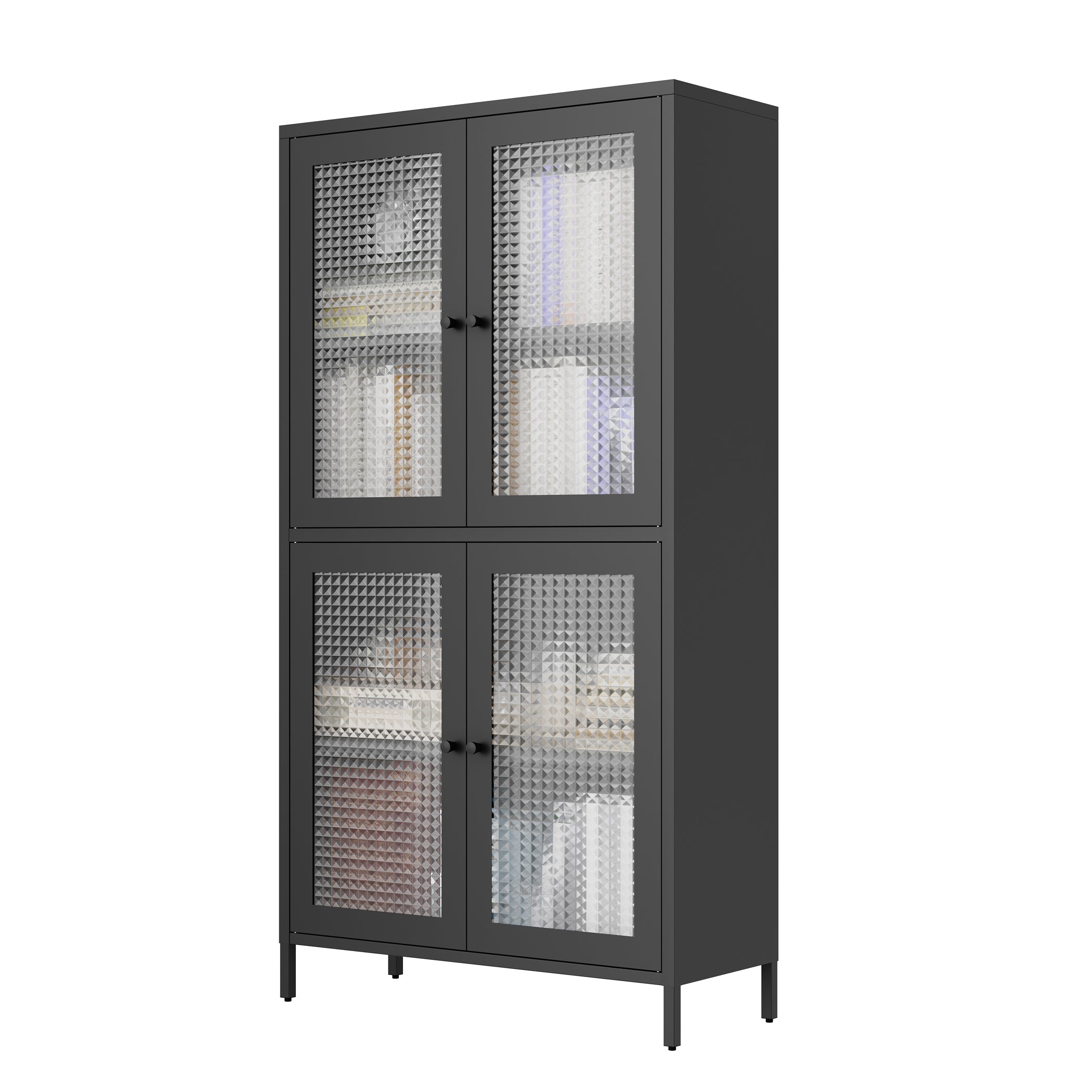 Classic Metal Storage Cabinet Display Cabinet with 4 Glass Doors 4 Shelves Cabinet  Bookcase Side Cabinet for Home Office Living Room Kitchen Hallway - Black, Waffle Grids Tempered Glass