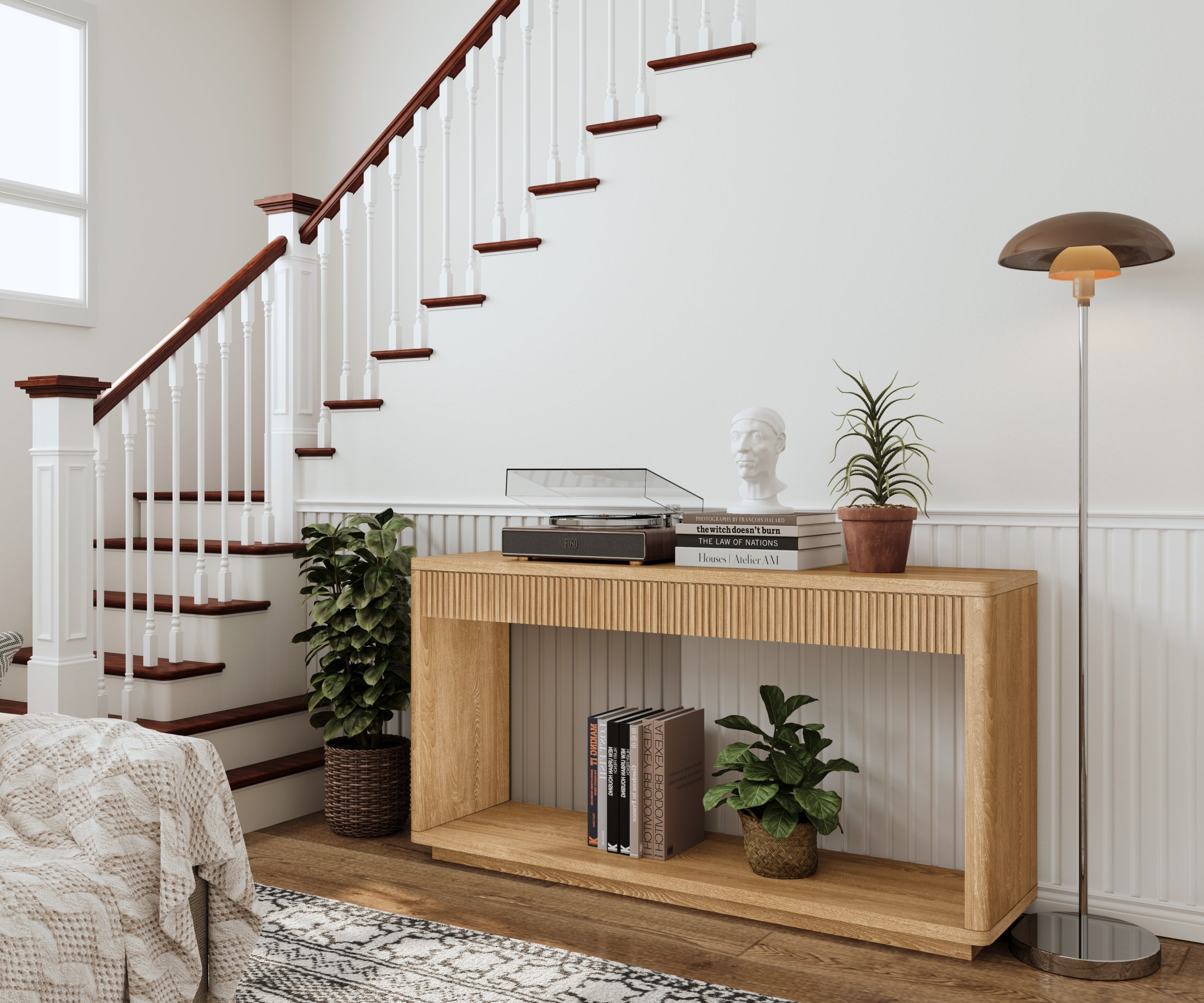 60' Modern 2-Drawer Fluted Console Table Natural Wood Veneer Sofa Table Behind Couch Table for Living Room, Hallway, Entryway, Home Office, Natural Wood
