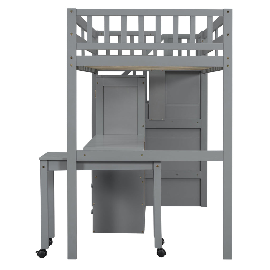 Twin Size Loft Bed with Stairs, Bookshelf, Drawers, Desk & Wardrobe – Space-Saving Multifunctional Furniture for Kids & Teens-Gray