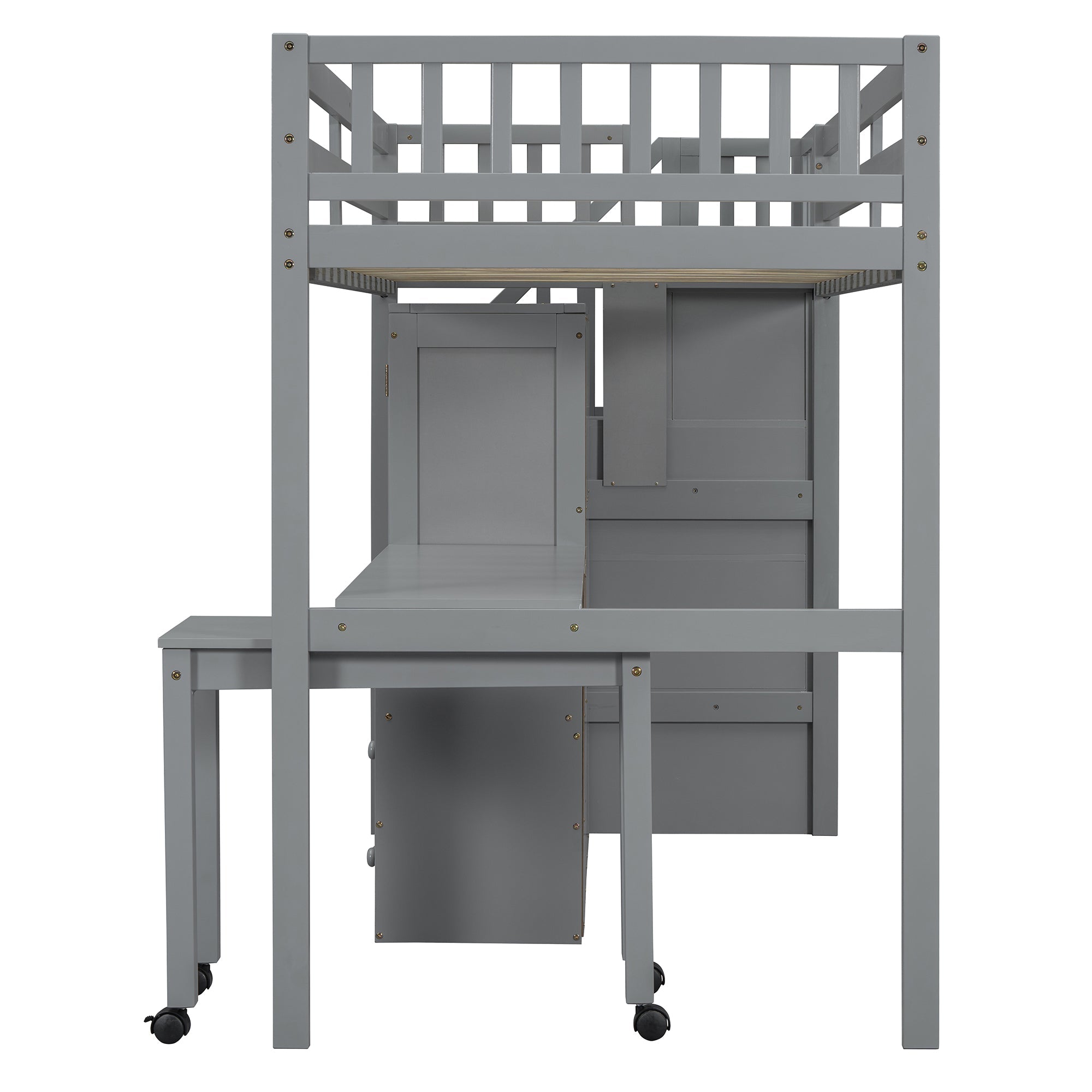 Twin Size Loft Bed with Stairs, Bookshelf, Drawers, Desk & Wardrobe – Space-Saving Multifunctional Furniture for Kids & Teens-Gray