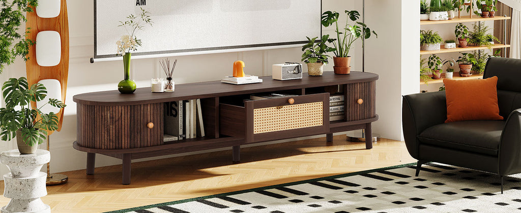 Modern Design TV Stand for 75' TVs, Media Console TV Cabinet with Rattan-Front Drawer for Living Room, 1 Drawer and 2 Sliding-Door Cabinets
