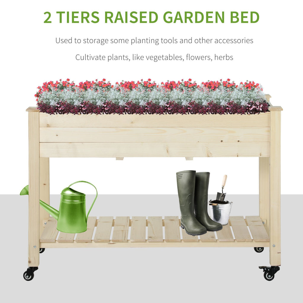 Outsunny Raised Garden Bed with Lockable Wheels and Storage Shelf, Natural Wood, 47 x 22 x 33 Inches
