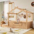 Twin Size Floor Bed with Guardrails and Roof, Kids House Floor Bed with a Small Built-in Tray and Free-installed Signboard, Childlike Design, Natural