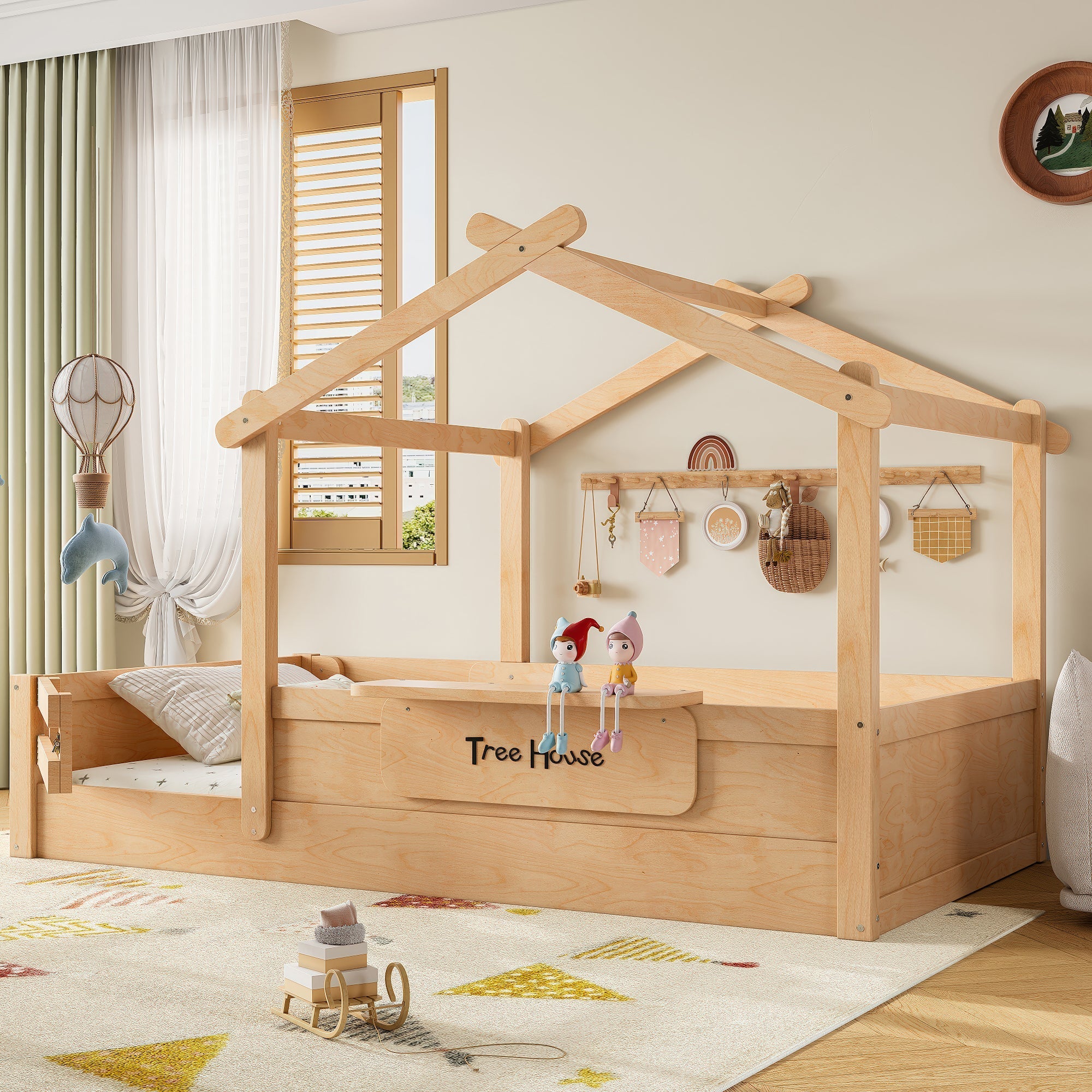 Twin Size Floor Bed with Guardrails and Roof, Kids House Floor Bed with a Small Built-in Tray and Free-installed Signboard, Childlike Design, Natural