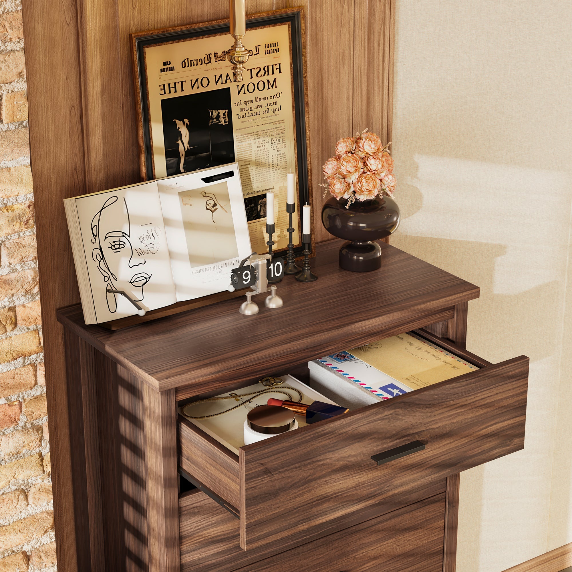 4PCS Bedroom Sets, Wooden Queen Size Bed Frame with Storage Headboard and Charging Station, 2 Nightstands with 2 Drawers, 1 Dresser with 5 Drawers, Walnut(old SKU HL000102AAD)