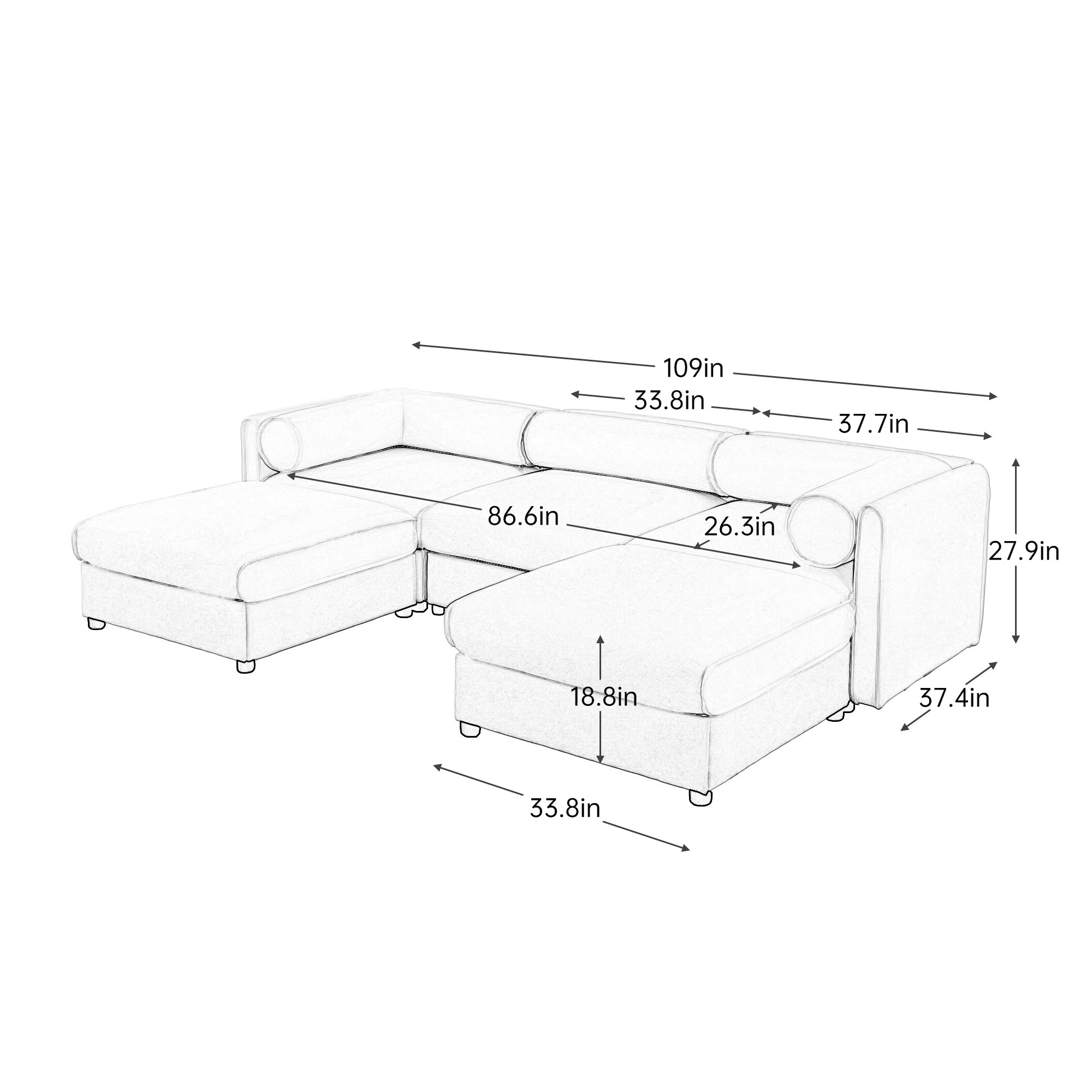 Elegant White Chenille  Sofa with Storage Seat and Ottoman, U-Shaped 3-Seater Cylindrical Backrest and Armrests, Contemporary 3-Seater Fabric Couch with Hidden Storage Compartment