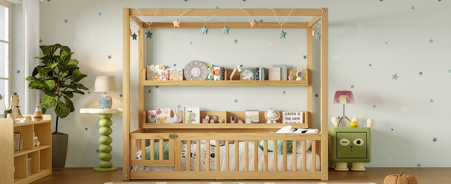 Twin Size Canopy Bed with Guardrails, Solid Wood Floor Bed with Shelves, Montessori Floor Bed Frame for Kids, Boys, Girls, No Spring Box Needed, Natural