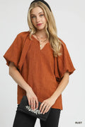 Umgee Textured Flutter Sleeve Notch Neck Top