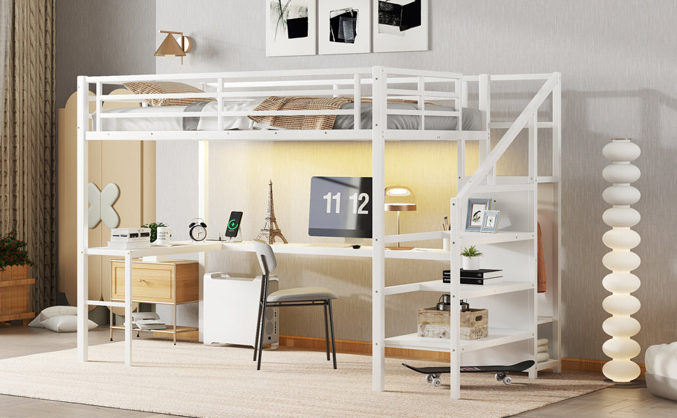 Twin XL Size Loft Bed with L-shaped Desk and USB, Metal Loft Bed with Wardrobe and Adjustable Shelf, High Loft Bed with LED for Kids Teens Adults, White