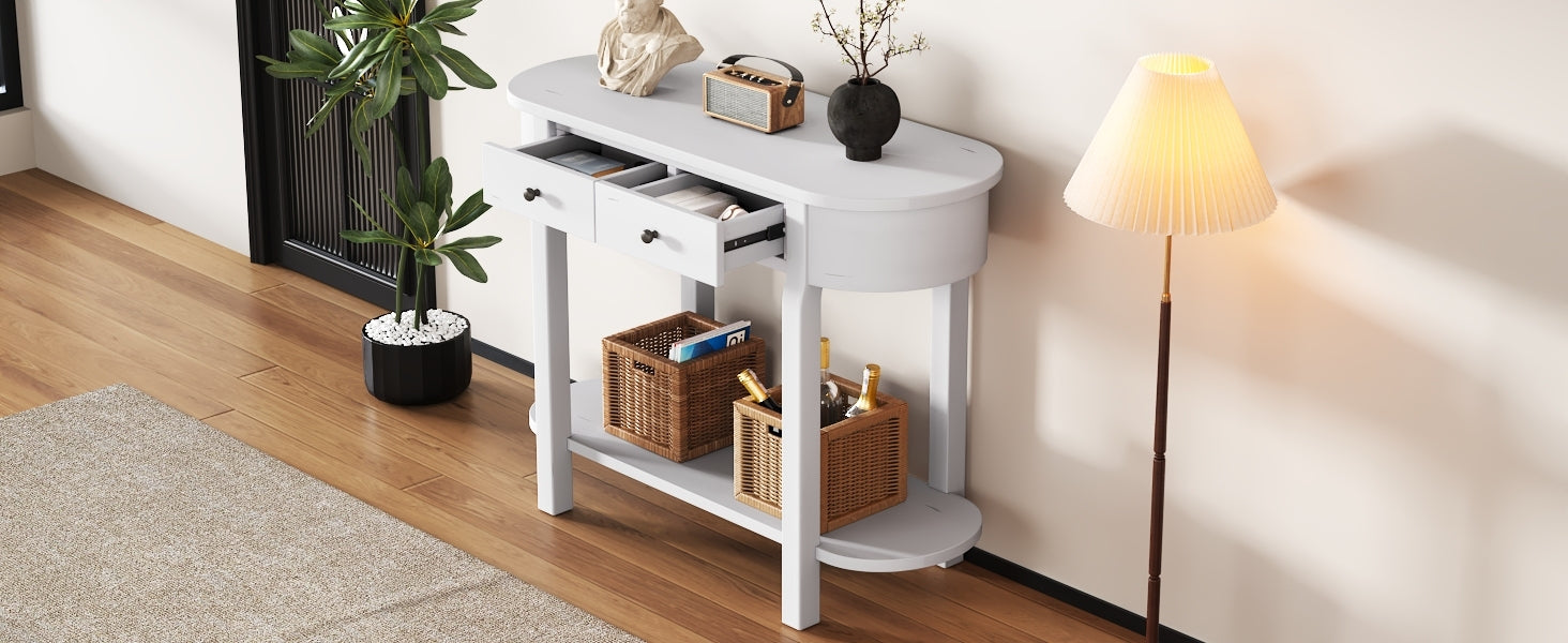 TREXM Elegant Retro Console Table with Curved Design and Smooth Glaze for Entryways, Living Rooms and hallways (Antique White)