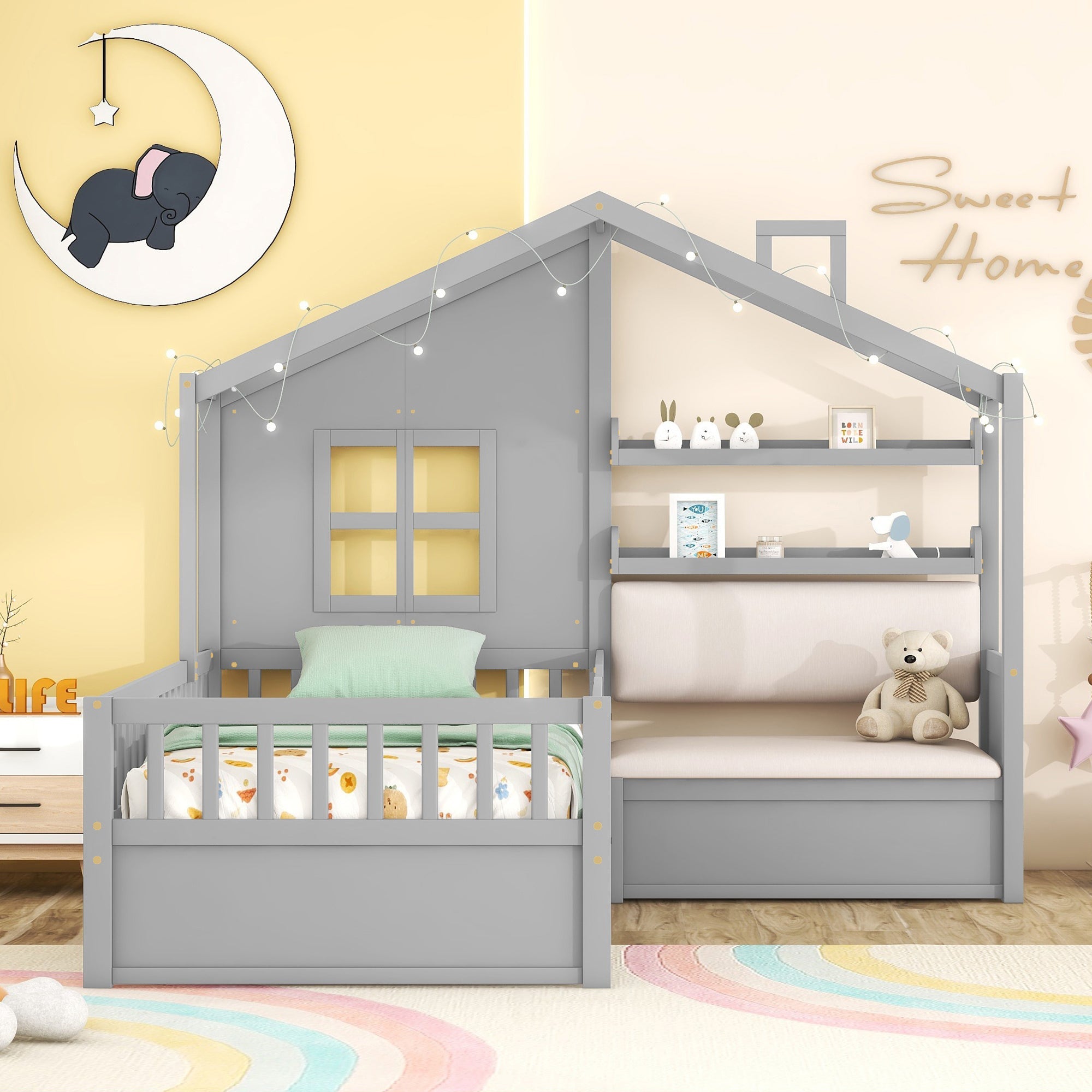 Twin Size House Bed with Sofa, Kids Platform Bed with Two Drawers and Storage Shelf, Gray (Old SKU:HL000065AAE)