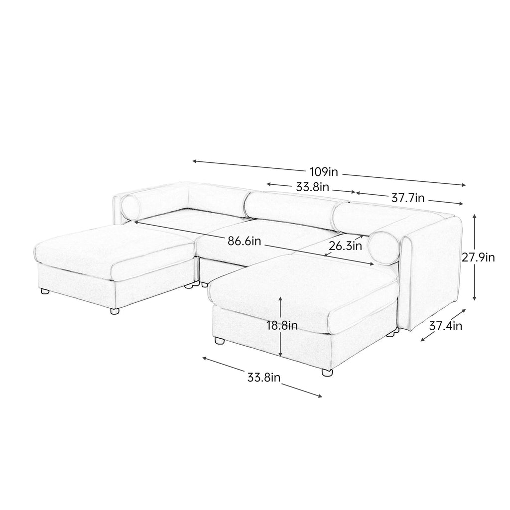 Elegant Green Chenille  Sofa with Storage Seat and Ottoman, U-Shaped 3-Seater Cylindrical Backrest and Armrests, Contemporary 3-Seater Fabric Couch with Hidden Storage Compartment
